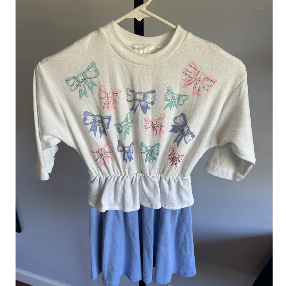 Vintage Sassy of California Bow Dress White Blue Girl Party Cute 80s USA Made 10